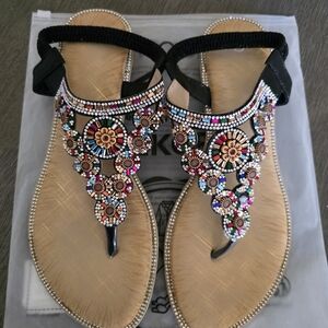 Vibrant Beaded Sandals with Black Straps Size 8.5
